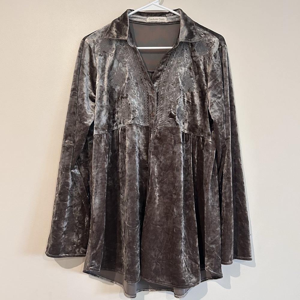 Crushed Velvet Embroidered Shirt Sz M Fairy Grunge Shimmer Button Up